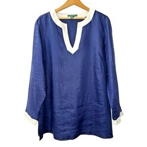 Lauren Ralph Lauren Tunic Women 1X Pre-Owned Blue 100% Linen Split Neck Contrast